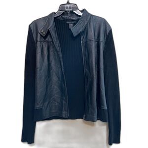 VTG Maurice Sasson Mixed Leather Knit Sweater Moto Jacket Womens Large Black